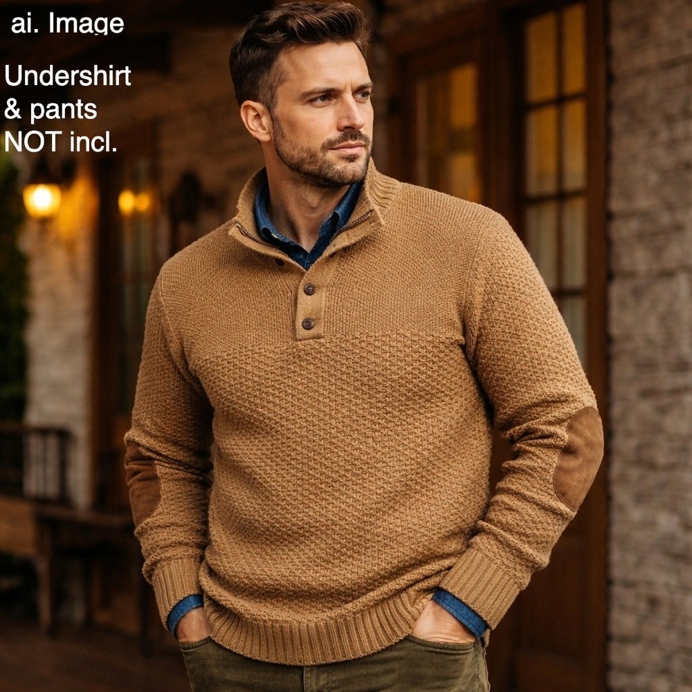 RetroOTD Men Lg. 100%‎ Wool Henley Sweater Elbow Patches Camel Heritage Knit